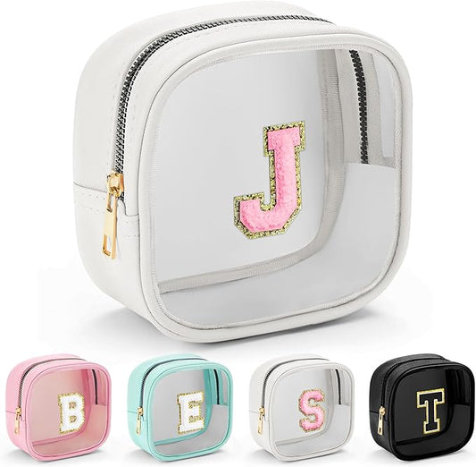 YOOLIFE Initial Make Up Bag Travel Toiletry Bag, Clear Makeup Bag Preppy Cosmetic Bags Organizer Travel Essentials Gifts for Women Teen Girlfriend Teacher Mom Birthday Mothers Day Gifts White J-VivaGrace Women