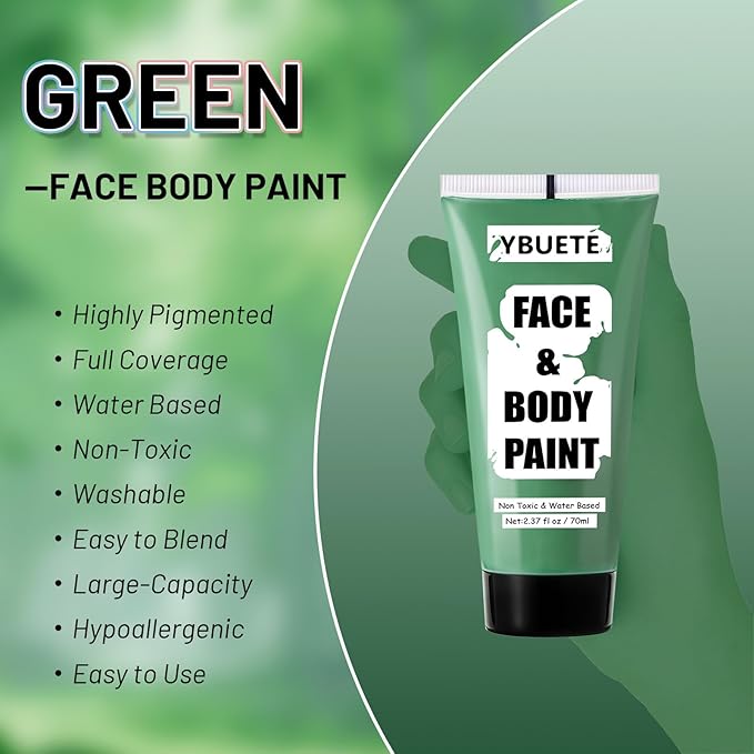 Green Water Based Face Body Paint for St. Patrick’s Day, 2.37 OZ Large Tube Full Coverage Face Paint for Cosplay Gamora Hulk Witch, Washable Green Body Painting Cream Adult Halloween SFX Makeup-VivaGrace Women
