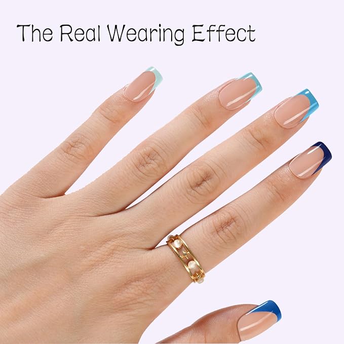 Blue Short French Tip Press on Nails, 150pcs Square French Gel Nail Tips 15Sizes, 3 in 1 Pre-lasting Soak Off Acrylic Fake Nails, No Need to File False Nail Tips Extension for Women Nails