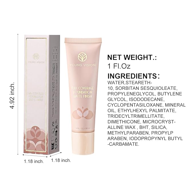 YOUNG VISION Full Coverage Longwear Foundation, Matte Finish, Waterproof, Poreless Liquid Foundation Makeup, Base de Maquillaje Alta Cobertura, 1 fl.oz-VivaGrace Women