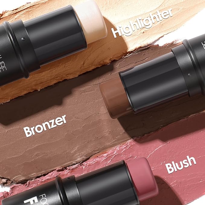 FOCALLURE 3 Pcs Cream Contour Sticks,Shades with Highlighter & Bronzer & Blush,Non-greasy Long-wear Face Contouring Pen,Easy to Sculpt the Face and Create a Lightweight Finishing Makeup,TAN-VivaGrace Women