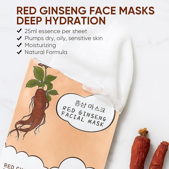 10Pack Sheet Face Masks Skincare for All Skin Types, Moisturizing Hydrating Face Masks Suitable for Sensitive Skin, Red Ginseng Face Masks for Wrinkles, Fine-Lines, Firmness and Elasticity-VivaGrace Women