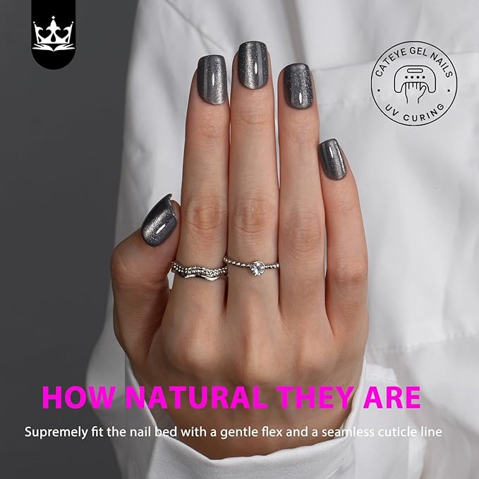 KQueenest Thick Cat Eye Gel Nails Press ons, Glitter Press on Nails Short Square, Sparkle Bling Fake Acrylic Nails Glue on Short, Shiny Cute Small False Nails Design for Manicure 30 Pcs, Dark Grey