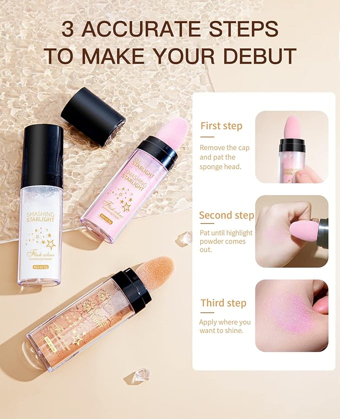 Fairy Highlight Puff Stick Highlight Patting Powder - Multi-Functional Shimmer Powder for Illuminating and Brightening Your Face and Body (#03 Gold Brown)-VivaGrace Women