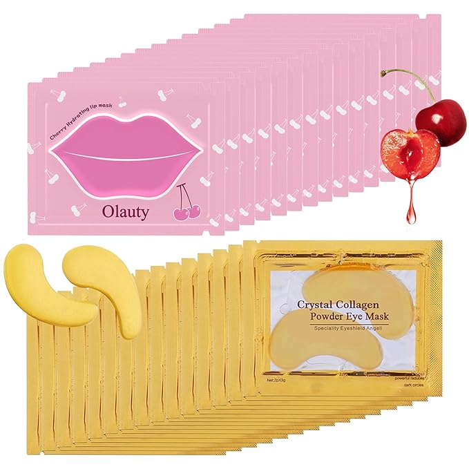 30 Pairs Cherry Lip Masks & 24K Gold Under Eye Patches, Gel Crystal Collagen Lip & Eye Patches for Puffy Eyes, Effectively Moisturizing Nourishes Lip & Eye Skin for Reducing Fine Lines & Dark Circle-VivaGrace Women