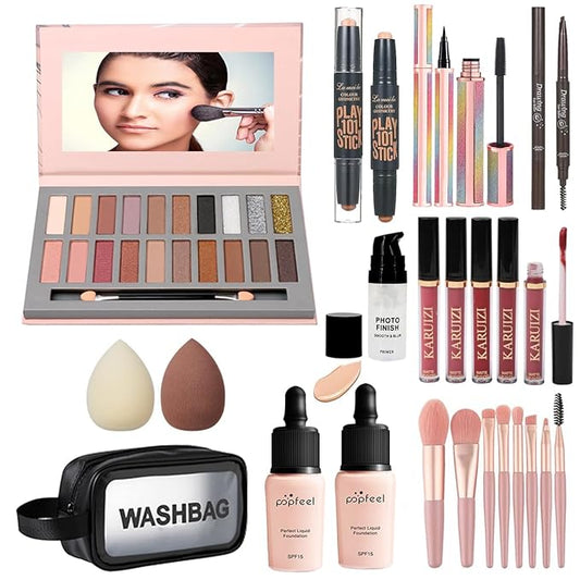 All in One Makeup Kit, Includes 20 Colors Eyeshadow Palette, RUIGPRO Foundation & Face Primer, Makeup Brush, Makeup Sponge, Eyebrow Soap, Winged Eyeliner Stamp, Gift Set for Women, Girls & Teens-VivaGrace Women
