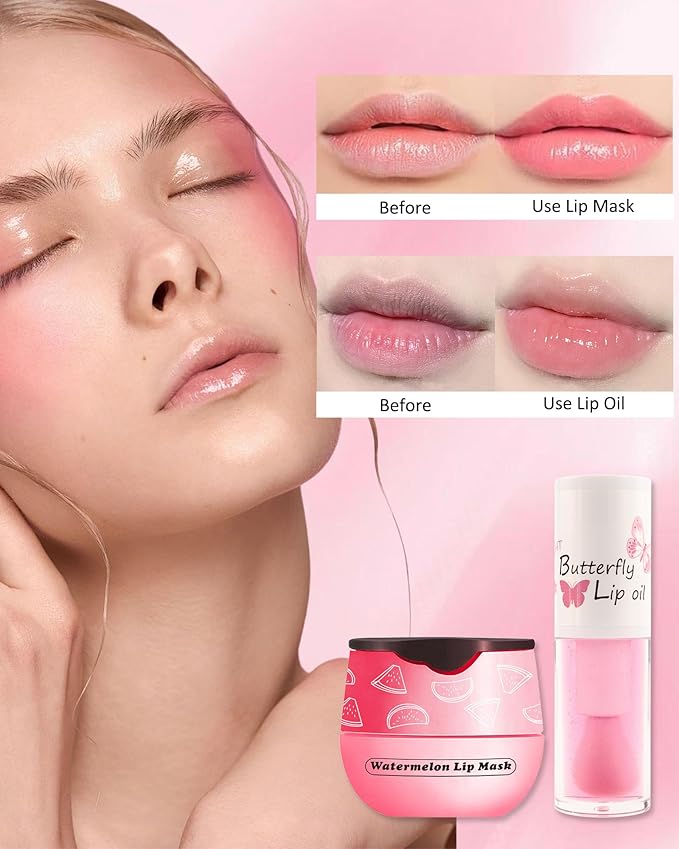 2Pcs Watermelon Lip Balm Honey Pot Lip Mask & Lip Glowy Oil Lip Care Set, Propolis Moisturizing & Nourish Hydrating Lip Gloss Repair, Reduce Lip Line & Plump Dry Cracked Lip Scrub Exfoliator -Set C-VivaGrace Women