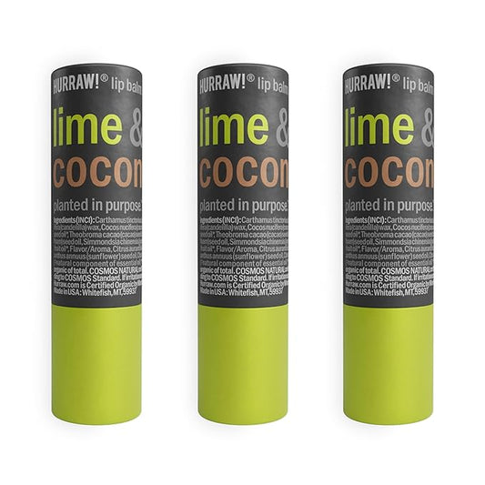 Hurraw! Lime & Coconut Lip Balm, 3 Pack: Plastic-Free with new cardboard push-up tube. Certified Organic, All Natural Origin, Vegan & Cruelty Free. Gluten Free. Bee, Shea, Soy & Palm Free. Made in USA-VivaGrace Women