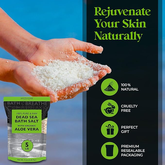 Aromasong 5 lbs Raw Dead Sea Salt with Organic Aloe Vera, not Cleaned, Still Contains All Dead sea Minerals Including Dead sea Mud, Fine Medium Grain Large resealable Bulk Pack (Packaging May Vary)-VivaGrace Women