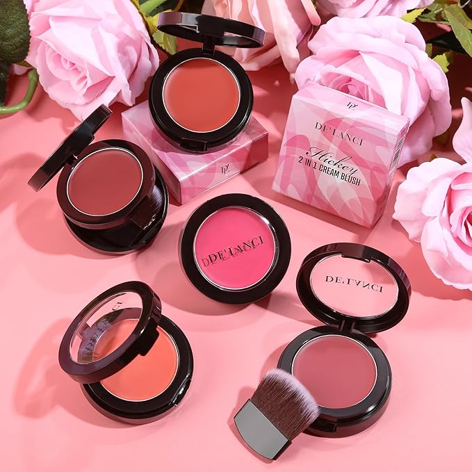 DE'LANCI 2 In 1 Cream Blush for Cheeks & Lips & Eyeshadow in a Waterproof Smooth Moisturizing Creamy Formula, Buildable Lightweight Red Blush Balm with Built-in Brush and Mirror, Easy to Use, Rust-VivaGrace Women