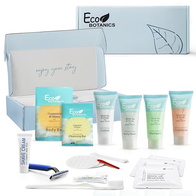 Eco Botanics Amenity & Accessory Kit | 0.85 oz Travel Size Shampoo, Conditioner, Lotion, Body Wash, Body Bar, Cleansing Bar, Shave & Dental Sets, Make-Up Remover Wipes, & Vanity Kit | 1 set per case-VivaGrace Women