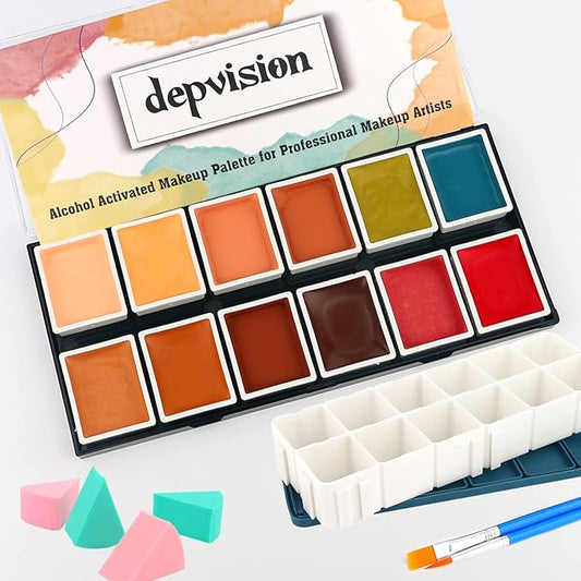 Depvision SFX 12 Color Flesh Tone Alcohol Activated Makeup Palette for Special Effects,Waterproof Skin Tone FX Makeup for Professional Makeup Artists Cosplay Halloween Theatrical Makeup-VivaGrace Women