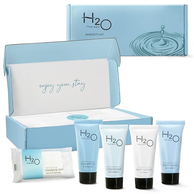 H2O Therapy Amenity Kit | Boxed Hotel Toiletries | Bulk Set 0.85 oz Travel Size Shampoo, Conditioner, Lotion, Body Wash & Body Bar Soap for Guest Hospitality AirBnB/Vacation Rentals | 1 set per case-VivaGrace Women