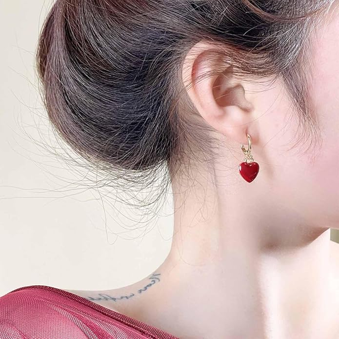 Vintage Heart Dangle earrings Red Coral Earrings Red Heart Love Huggie Earrings Gold Hoop Huggie Earrings Jewelry for Women-VivaGrace Women