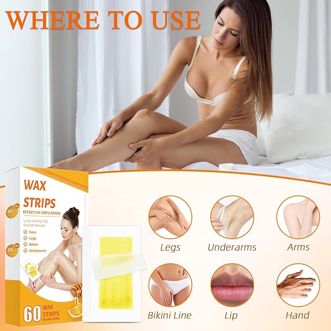 Wax Strips for Hair Removal, Waxing Kit For Women, 60 Pcs - 40 Body Wax Strips, 20 Pcs for Face, 6 Cleansing Oil Towelettes Suitable for Face/Legs/Underarms/Bikini-VivaGrace Women