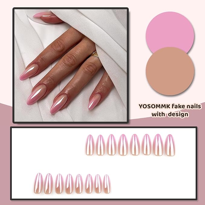 Ombre Pink Chrome Press on Nails Almond Medium Fake Nails with Mirror Designs Glossy Glue on Acrylic False Nails for Women and Girls