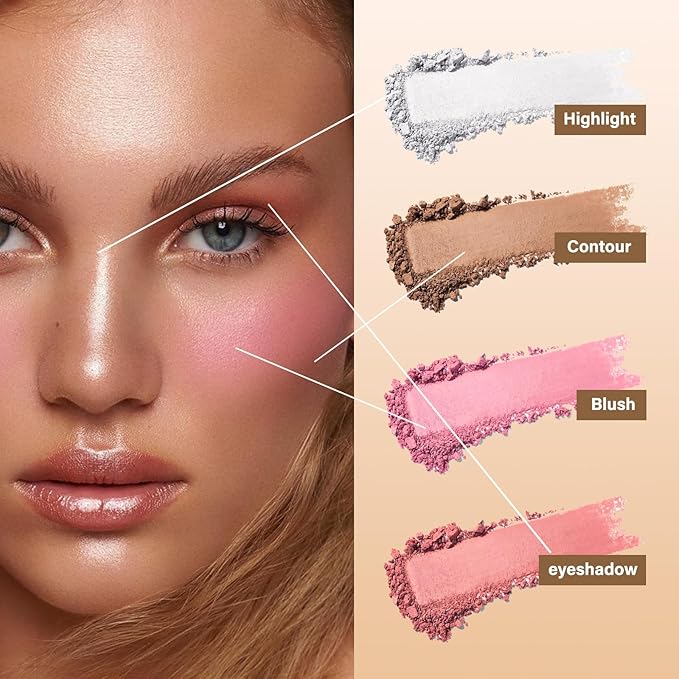 Contour Highlighter Blush Powder Makeup Palette, 4 Colors Matte Face Contour Shading with Professional Makeup Brush-VivaGrace Women
