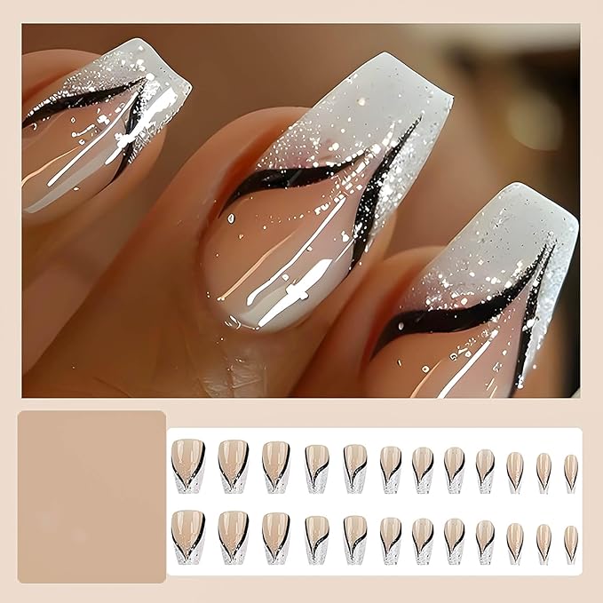 Coffin Press on Nails French Tip Fake Nails Medium False Nails with Glitter Designs Medium Coffin Nail Press ons Nude Full Cover Glue on Nails Cute Stick on Nails for Women 24Pcs