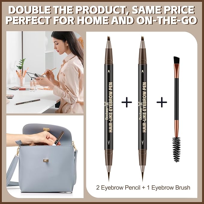 Boobeen 2pcs Waterproof Eyebrow Pen，Dual-Ended Eyeliner Microblading Eyebrow Pencil for Women，Long Lasting Hair-Like Brow Pen with Brow Brush，Dark Brown-VivaGrace Women