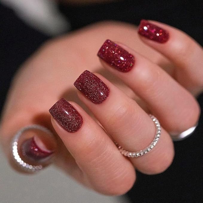 KQueenest Glitter Red Press on Nails Short, Shimmer Fake Nails Press ons Cute, Sparkle Acrylic Nails for Women, Cute Stick on Nails, Holiday False Nails with Bling Design 24 Pcs
