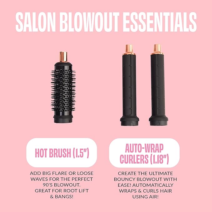FoxyBae Super Styler Pro Interchangeable 5 in 1 Hair Styler Wand Curling Iron Set - w/Drying Cylinder, Ceramic Blowout & Round Brushes, 2 Auto-Wrap Curlers - Frizz-Free, Smooth Hair [Black Rose-Gold]-VivaGrace Women