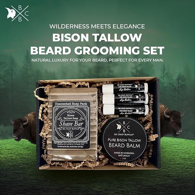 Pure Bison Tallow Beard Gift Set - Shave Bar, Beard Balm, Unscented Lip Balm - Conditions, Strengthens, Moisturizes, Soothes, Softens, Naturally Derived, No Dyes, Naturally Derived-VivaGrace Women