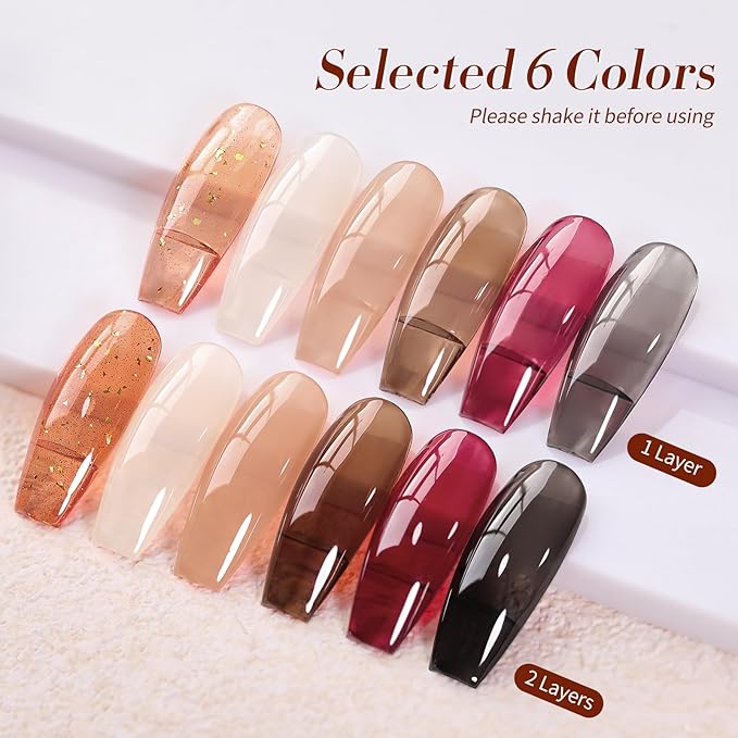 Born Pretty Jelly Gel Nail Polish Set Fall Winter Brown Blood Red Burgundy Black Gel Polish Sheer Milky Nude Transparent Halloween Gel Polish Set Nail Art Varnish Manicure Collection Gift 7ML 6PCS-VivaGrace Women