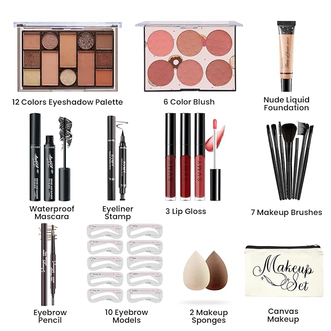 Makeup Kit for Girls Teens, Travel Makeup Kit, Facial Makeup Full Kit, Makeup Present Set for Beginners & Professionals, Cosmetic Bag Include Pigmented Blendable Eyeshadow Palette-VivaGrace Women