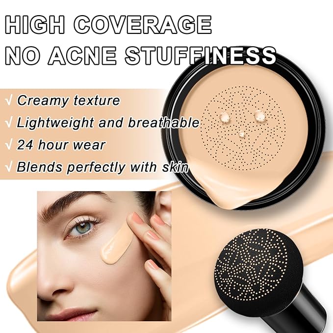 Mushroom Head Air Cushion BB Cream CC Cream Moisturizing Liquid Foundation, Concealer - Lasting Makeup Base for Even Skin Tone (#02 Natural)-VivaGrace Women