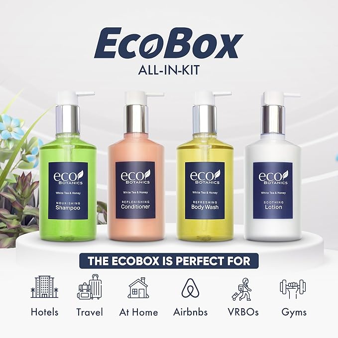 1-Shoppe Eco Botanics 10 Piece Ecobox All-In-Kit | White Tea and Honey Soap | 3 Shampoo, 2 Conditioner, 3 Body Wash & 2 Lotion | 10.14oz Hotel Soaps and Toiletries Bulk | Personal Care Products-VivaGrace Women