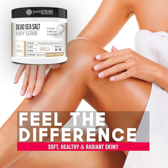 pureSCRUBS Premium Vanilla Body Scrub Set - Large 16oz Dead Sea Salt Body Scrub With Infused Essential Oils & Nutrients, Includes Wooden Spoon, Loofah & Oatmeal Exfoliating Bar Soap-VivaGrace Women