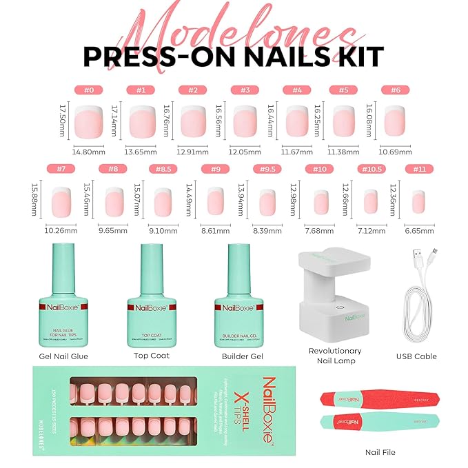 Modelones Gel Nail Kit, Top Coat, Nail Builder Gel, Press On Nails Kit with LED Light, 150 PCS Short Pink Square, 15 Sizes French Tip Press on Nails, Pre-Colored Nail Tips for Easy DIY Nail Art-VivaGrace Women
