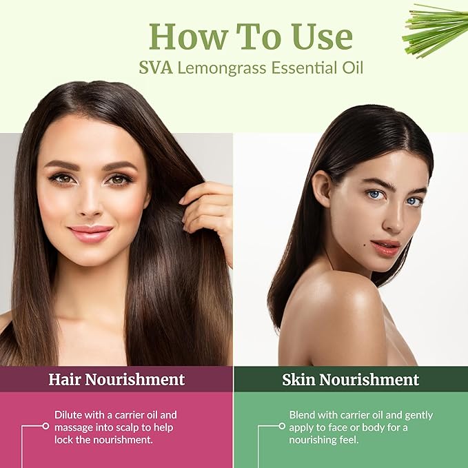 SVA Lemongrass Essential Oil – 4 Fl Oz – 100% Natural Lemongrass Oil - for Diffuser, Hair Care, Face, Skin Care, Aromatherapy, Scalp and Body Massage, Soap and Candle Making - with Dropper-VivaGrace Women