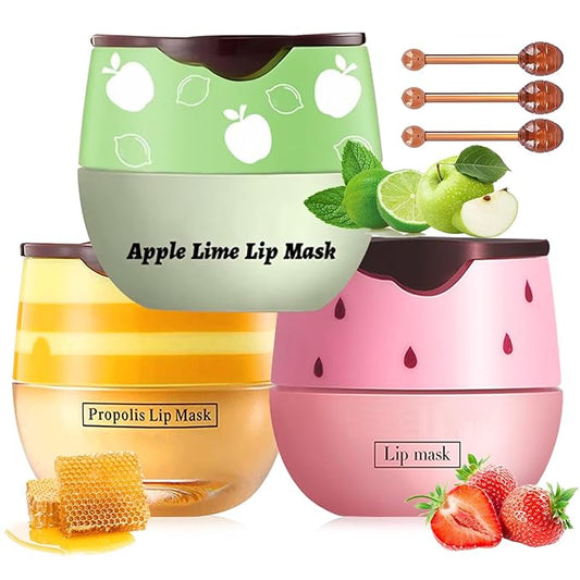 3 PCS Bee Lip Balm Lip Mask Honey Pot, Honey & Strawberry & Apple Lime Lip Mask Overnight Propolis Moisturizing Lip Balm with Stick,Hydrating Repair Lip Sleeping Mask,Prevention Dry and Cracked-VivaGrace Women