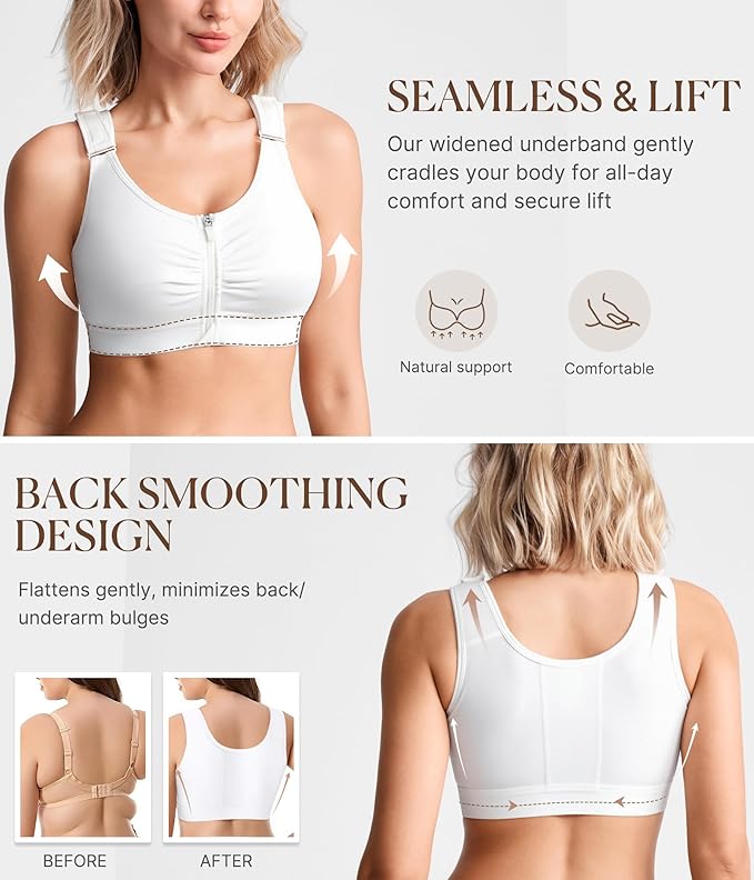 BRABIC Zip Front Closure Everyday Bra for Women Post Surgery Compression Support with Adjustable Straps Wirefree-VivaGrace Women
