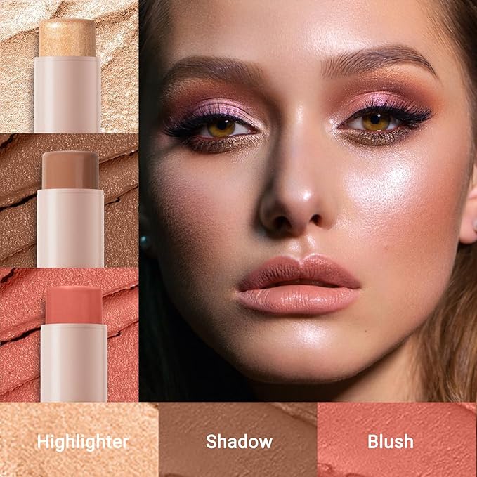 3Pcs Cream Contour Stick, with Highlighter Stick Milk Bronzer Stick Blush Stick, Face Contour Stick Highlighter Makeup with Makeup Brush and Sponge, Easy to Sculpt the Face, Long Lasting-VivaGrace Women