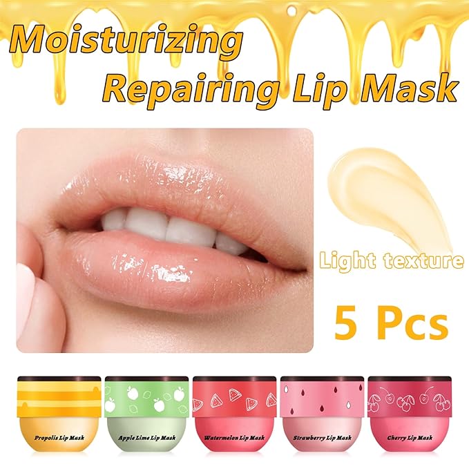 5 PCS Bee Balm Lip Balm Lip Mask Honey Pot, Lip Mask Propolis Moisturizing Lip Balm, Hydrating Prevention Dry and Cracked Lip Scrubs Exfoliator Lip Care (Strawberry&Watermelon&Honey&Apple Lime&Cherry)-VivaGrace Women