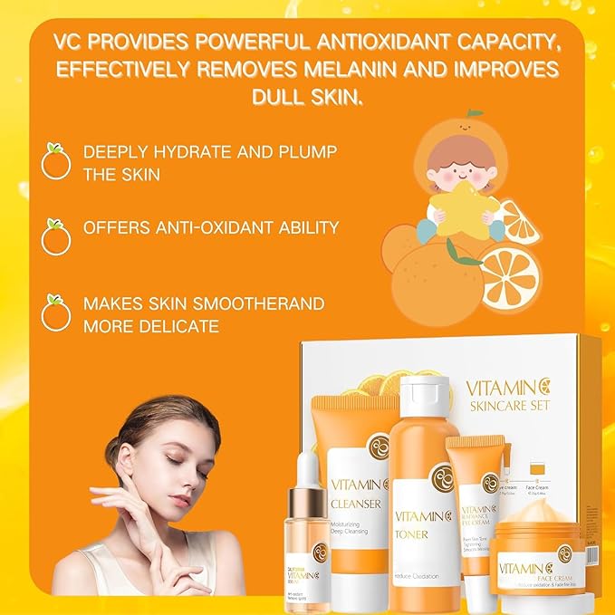 Vitamin C Skincare Set, 5Pcs Skincare Gift Set With Cleanser, Toner, Face Serum, Face Cream, And Eye Cream, Facial Kit for Women, 5-In-1 Skin care Gift Set, Moisturizing Skincare Set For Women Men-VivaGrace Women