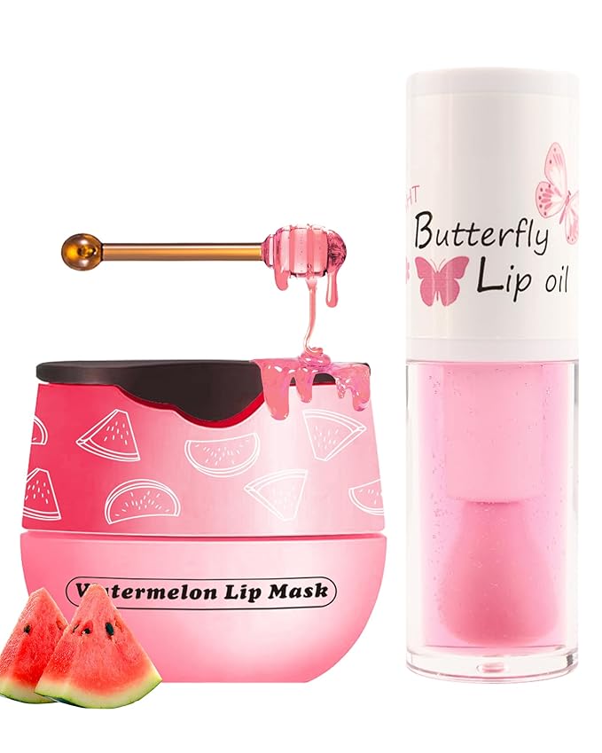 2Pcs Watermelon Lip Balm Honey Pot Lip Mask & Lip Glowy Oil Lip Care Set, Propolis Moisturizing & Nourish Hydrating Lip Gloss Repair, Reduce Lip Line & Plump Dry Cracked Lip Scrub Exfoliator -Set C-VivaGrace Women