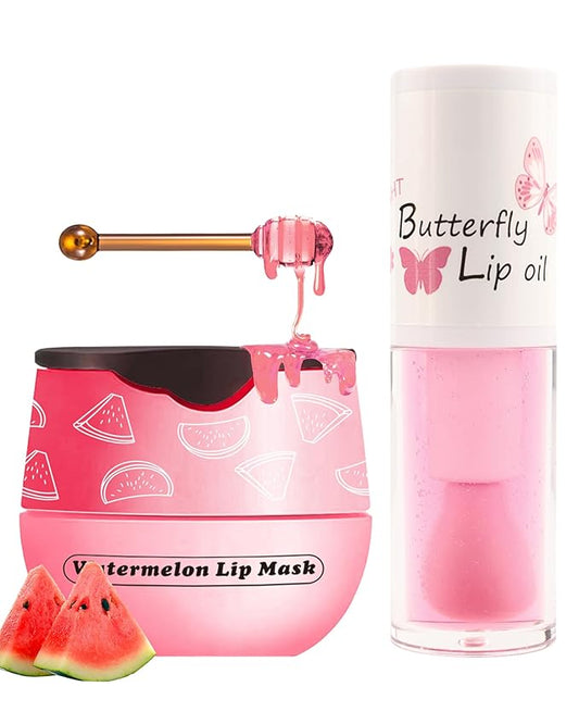 2Pcs Watermelon Lip Balm Honey Pot Lip Mask & Lip Glowy Oil Lip Care Set, Propolis Moisturizing & Nourish Hydrating Lip Gloss Repair, Reduce Lip Line & Plump Dry Cracked Lip Scrub Exfoliator -Set C-VivaGrace Women