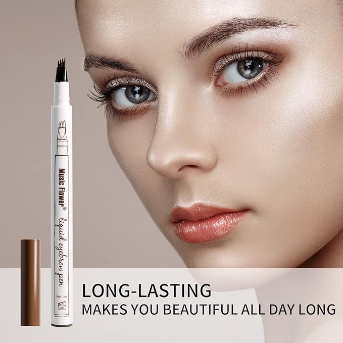 Music Flower Eyebrow Pen, Liquid Eyebrow Pen, Waterproof Brow Pencil with Micro-Fork Tip, Smudgeproof Long Lasting Fine Sketch Microblading Pen, Reddish Brown-VivaGrace Women