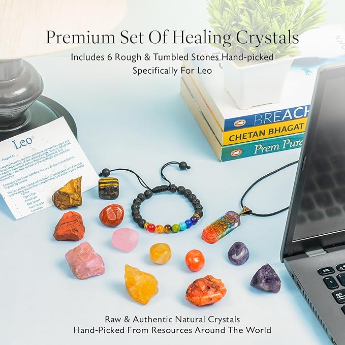 NARIBABU Leo Crystal Gift - Zodiac Crystals - Healing Crystal Pendant & Bracelet - Leo Horoscope Gifts - Zodiac Crystals for Beginners - Good Luck Birthstones Crystal Kit-VivaGrace Women