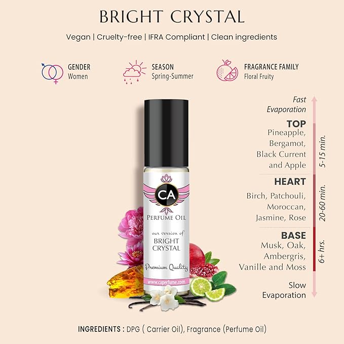 CA Perfume Impression of Bright Crystal For Women Replica Fragrance Body Oil Dupes Alcohol-Free Essential Aromatherapy Sample Travel Size Concentrated Long Lasting Attar Roll-On 0.3 Fl Oz/10ml-VivaGrace Women