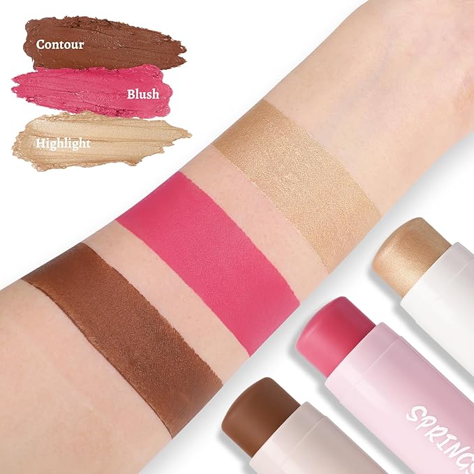 3Pcs Multi-Use Face Makeup Sticks Sets, Blendable Cream Blush Stick For Cheeks Lips, Highlighter Contour Shading Sticks Moisturizer Make Up Sets For Women (01)-VivaGrace Women