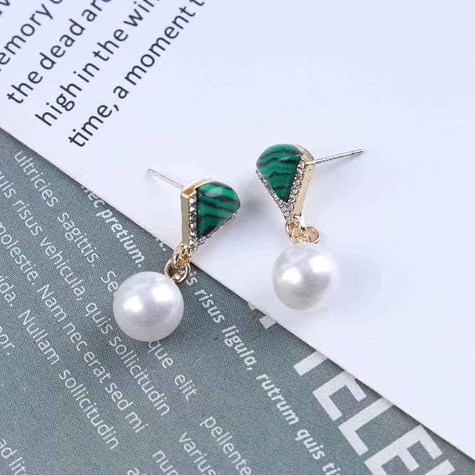 Vintage Cz Emerald Pearl Earrings Gold Pearl Drop Earrings Triangle Emerald Earrings Geometric Emerald Stud Earrings Jewelry for Women and Girls-VivaGrace Women