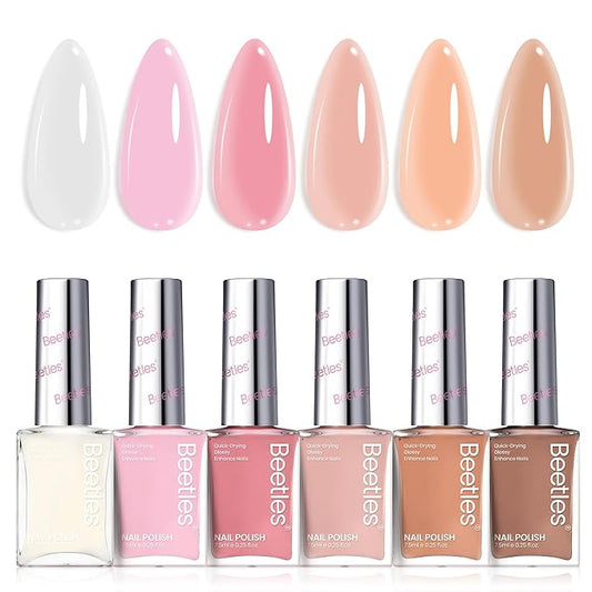 Beetles Jelly Nail Polish Set,6 Colors Pink Nude Jelly Quick Dry Nail Polish Fingernail Fast Drying & Long Lasting Nail Strengthener Polish Gifts for Women
