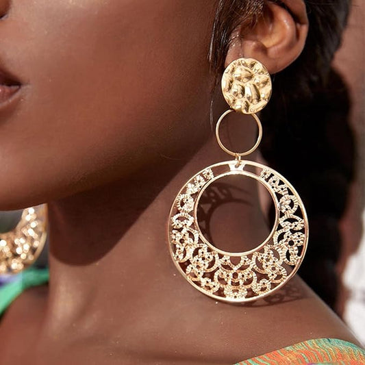 Boho Large Filigree Disc Dangle Earrings Stud Vintage Tribal Ethnic Hollow Carved Earrings Gold Geometric Floral Hoop Drop Earrings Statement Wedding Prom Earrings Jewelry for Women Girls-VivaGrace Women