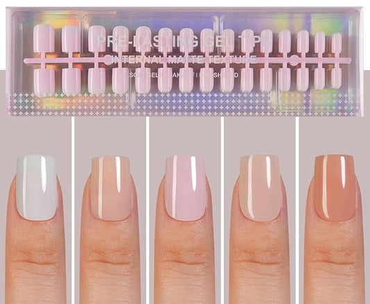 XS Short Square Press On Nails, 5 Colors Pre-Lasting Soft Gel Nails Tips, 150Pcs Natural Fake Nails for Nail Art DIY 15 Sizes