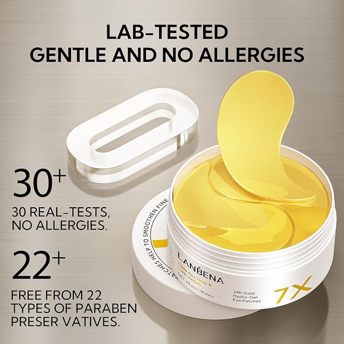 LANBENA 24K Gold Under Eye Patches(30 Pairs) -Cooling Eye Masks for Fine Lines Reduce, with Caffeine Niacinamide Tetrapeptide Hydra-Gel Collagen, Puffy Eyes & Dark Circles & Eye Bags Treatment-VivaGrace Women