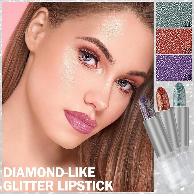 DAGEDA 3PCS Glitter Lipstick, Moisturizing Glossy Color Changing Lip Balm, Long Lasting Shimmer Lipstick, Nonstick Color Change Lipstick, Waterproof Glitter Lip Balm for Festival-VivaGrace Women